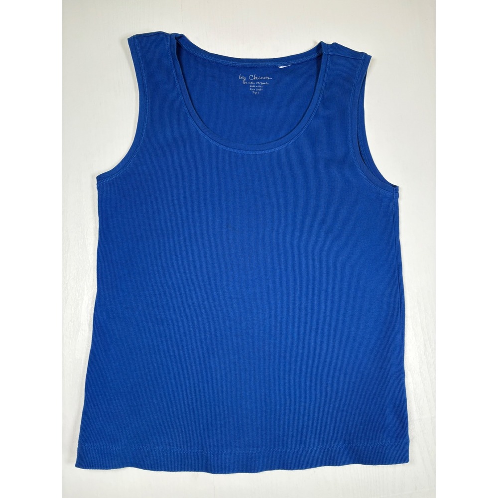 Chicos Royal Blue Ribbed Tank Top Scoop Neck Sleeveless Stretch Cotton Size 2 M